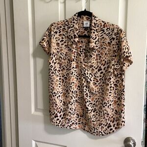 CAbi Leopard Print Short Sleeve Blouse in Beige, Brown, Black